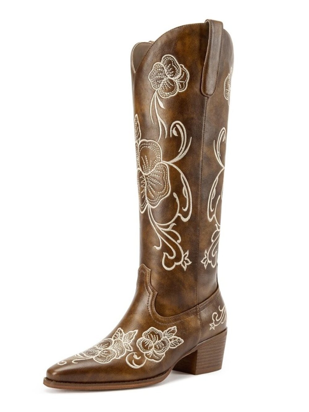Womens Block Low Heel Knee High Square Toe riding Floral Embroidery Western